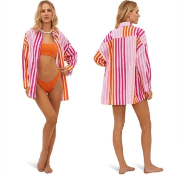 Beach Riot Alexa Striped Long Sleeve Cover Up Shirt Sunset Pink Orange Size L/XL - Picture 1 of 5